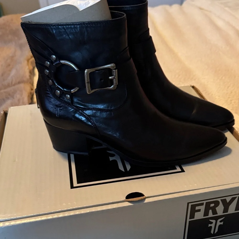 Frye Black Ankle Boots with Buckle Accent - Picture 3 of 6